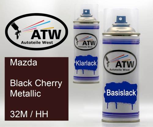 Mazda, Black Cherry Metallic, 32M / HH: 400ml Sprühdose + 400ml Klarlack - Set, von ATW Autoteile West.